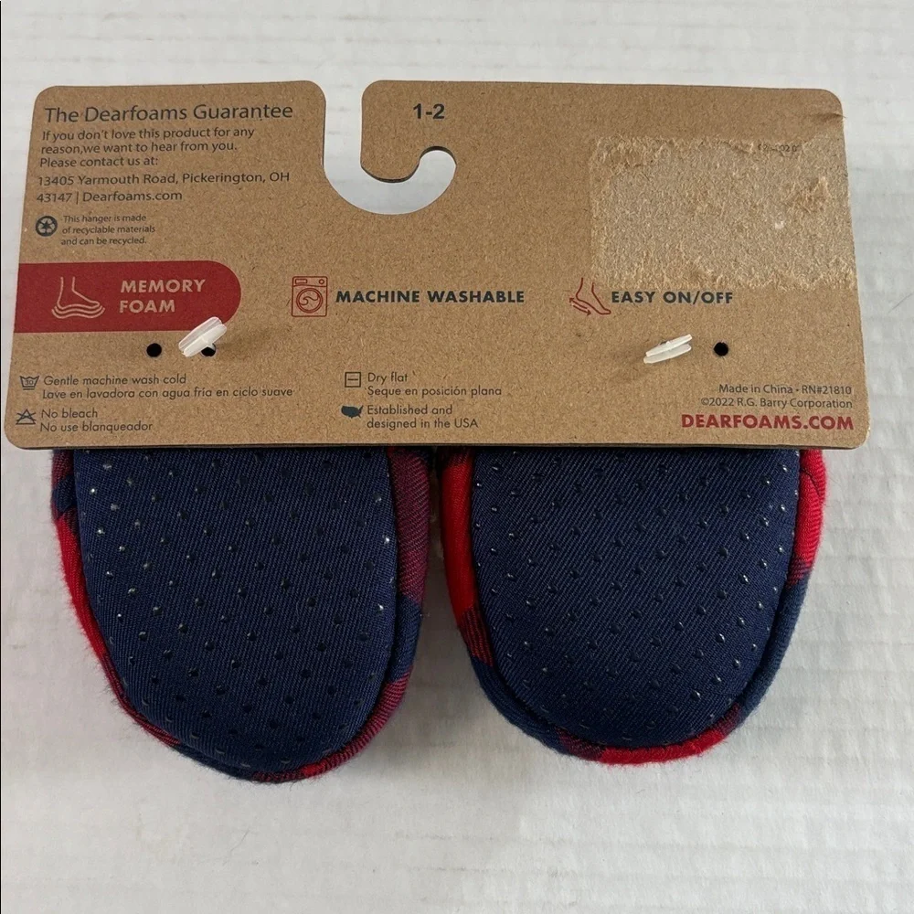 Dearfoams Baby Bear Red Blue Plaid Baby Slippers Memory Foam Size 1/2